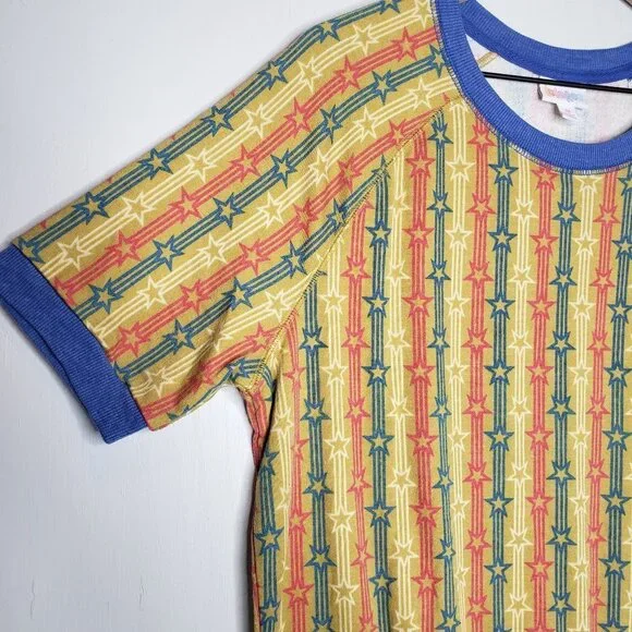 Retro Stripe Star Print Terry‎ Jane Top M Yellow Red Blue Short Sleeve - Picture 2 of 5